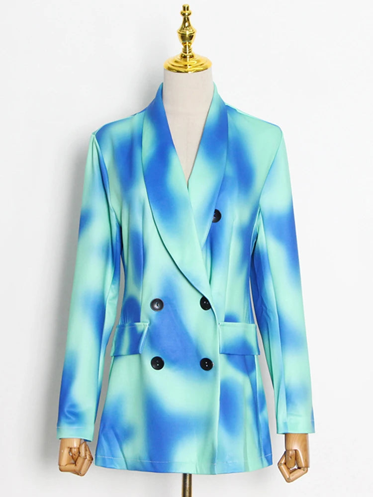 Tie-Dye Notched Collar Double Breasted Long Sleeve Blazer + Harem Pants Women's Suit