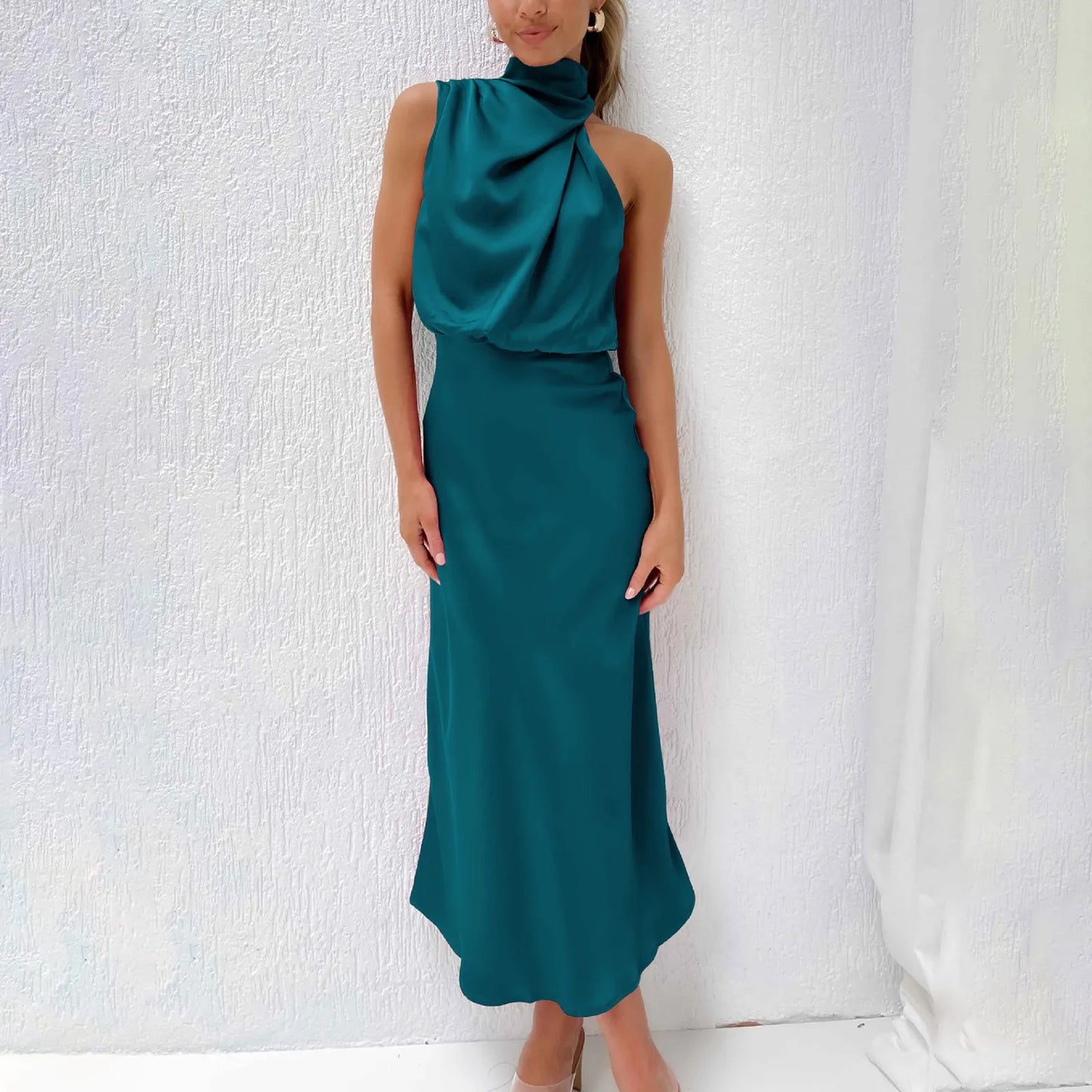 Satin High Waist A-Line  Swing Turtleneck Asymmetrical Sleeveless Formal Dress