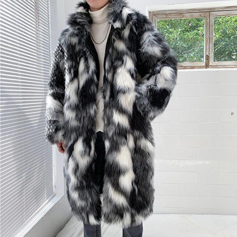Men's Black/White Colorblock Patchwork Thick Faux Fur Trenchcoat