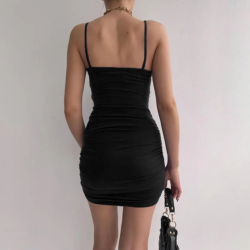 Ruched Sleeveless Backless Hollow-Out V-Neck Spaghetti Strap Bodycon Mini Club Dress