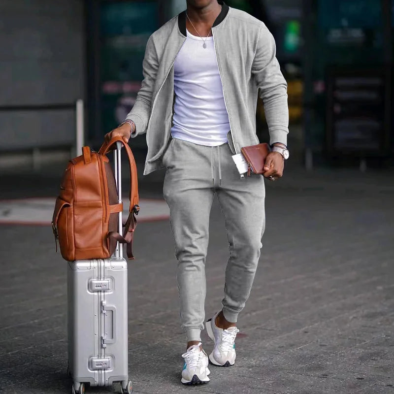 Men's O-Neck Colorblock Bomber Sweat Jacket + Drawstring Jogger Sweatpants Tracksuit