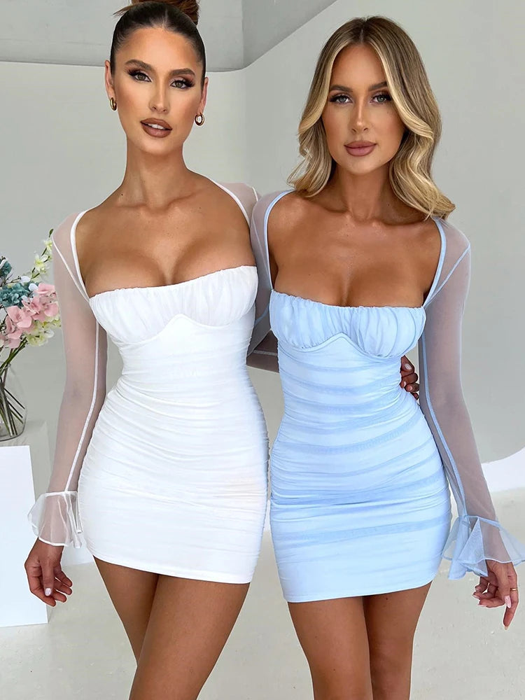 Ruched Camisole Design 2-Layer Mesh Flared Sleeve Zipper Back Bodycon Mini Formal Party/Club Dress
