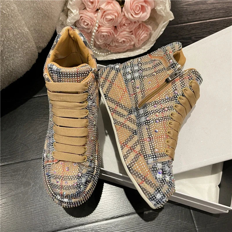 Rhinestone Plaid Monogram/Solid Print Sparkling Glitter Women's Outdoor Platform Lowtop Ankle Sneakers-2 Styles, 3 Colors