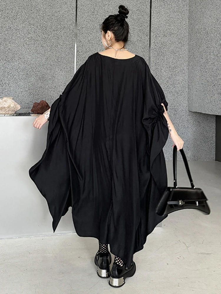 Oversized Black Pleated Irregular Long Dress O-Neck Half Sleeve Dress