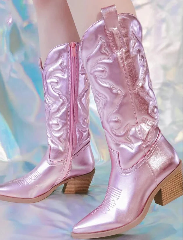 Western Embroidered Pointed Toe Side Zipper Stacked Heel Cowgirl Boots