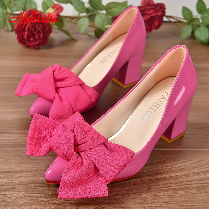 Oversized Butterfly Knot Bow Flower Design Patent Leather Square Heel Women's Pumps