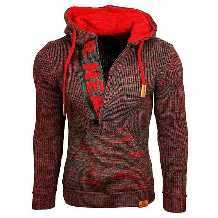 Men's Colorblock Wool Hip-Hop Patchwork Letter Print Drawstring High Neck Long Sleeve Knitted Pullover Pocketed Hoodie Sweater