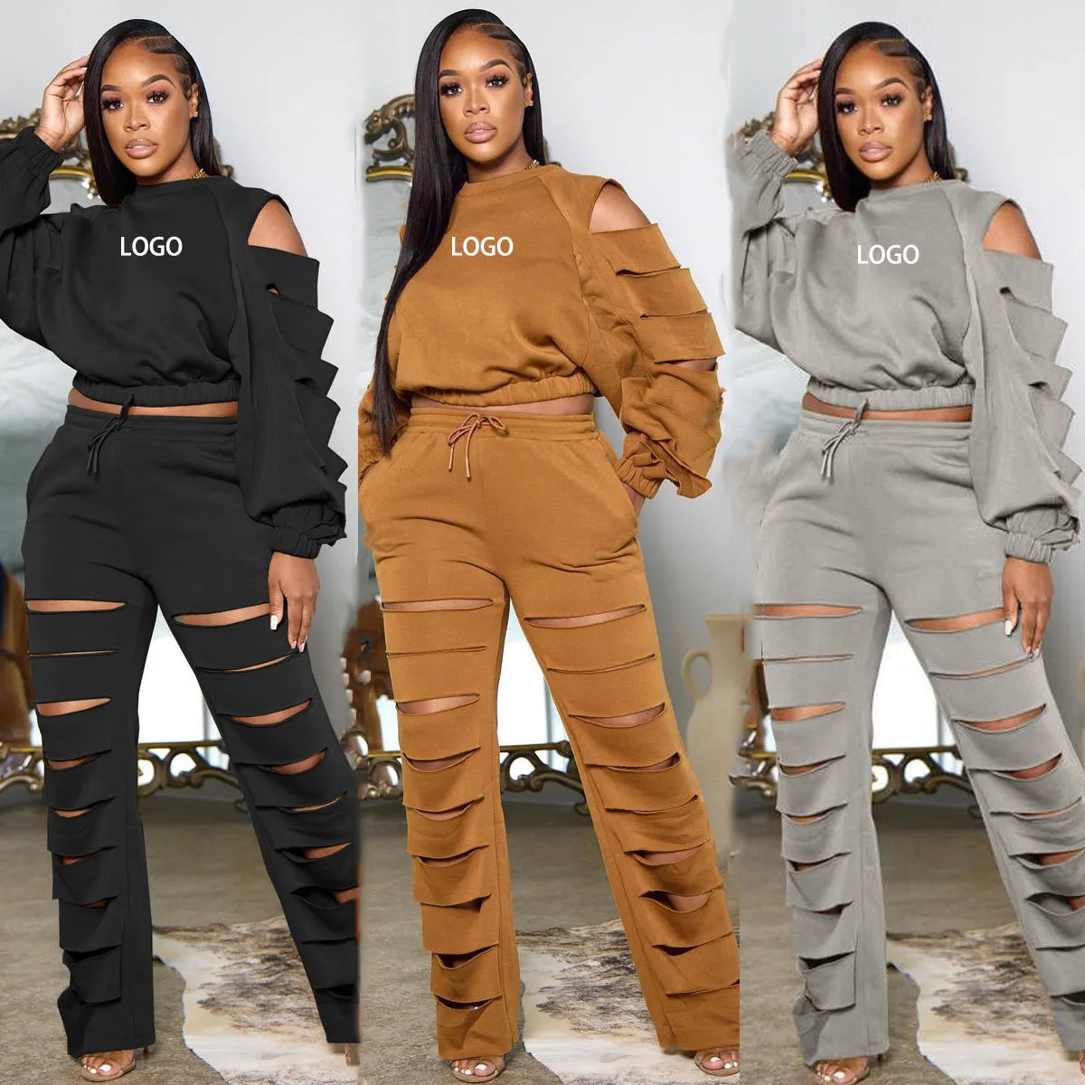 Customized Logo Solid Color Cut-Out Ripped Long Sleeve Top + Hollow-Out Joggers Tracksuit to 3X