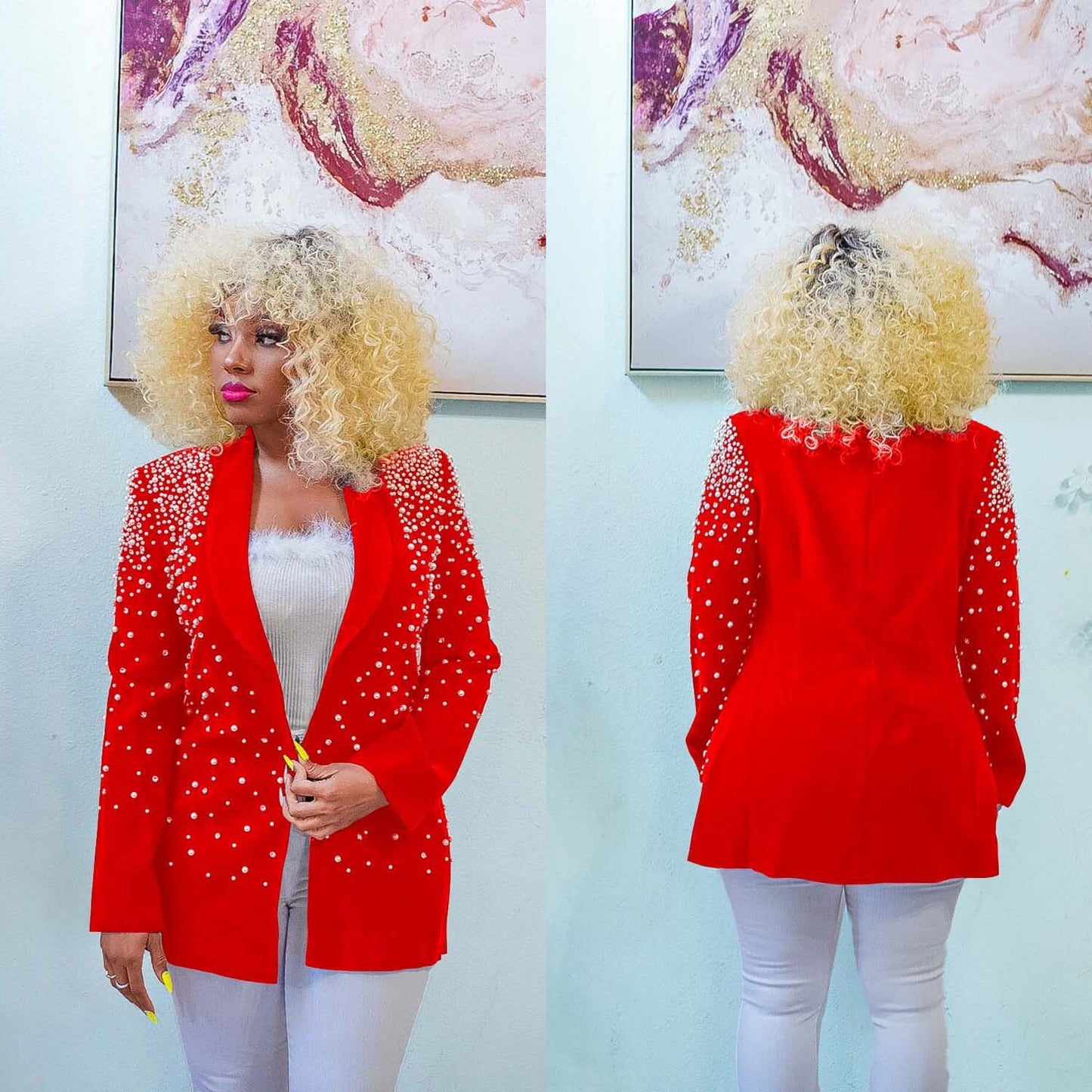 Rhinestone Solid Pearl Beaded Ladies Blazer