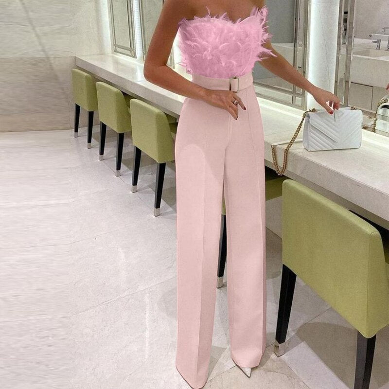 Feather Sleeveless Solid Color Party Jumpsuit