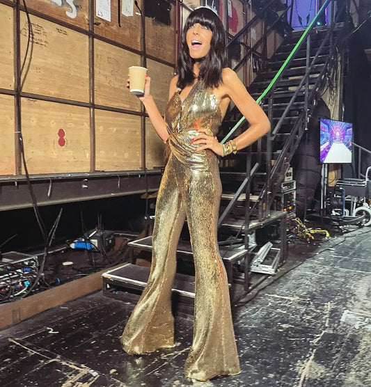 Metallic Mirror Gold Sequin Flared Pant Halter Blackless Stage Performance Formal Jumpsuit