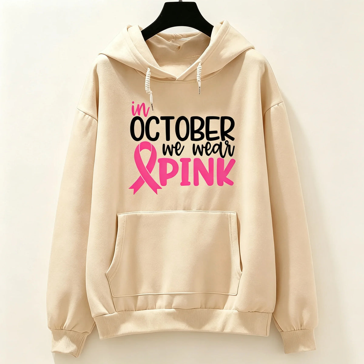 "In October We Wear Pink" Breast Cancer Awareness Long Sleeve Women's Hoodie Sweatshirt to 3X Plus Size