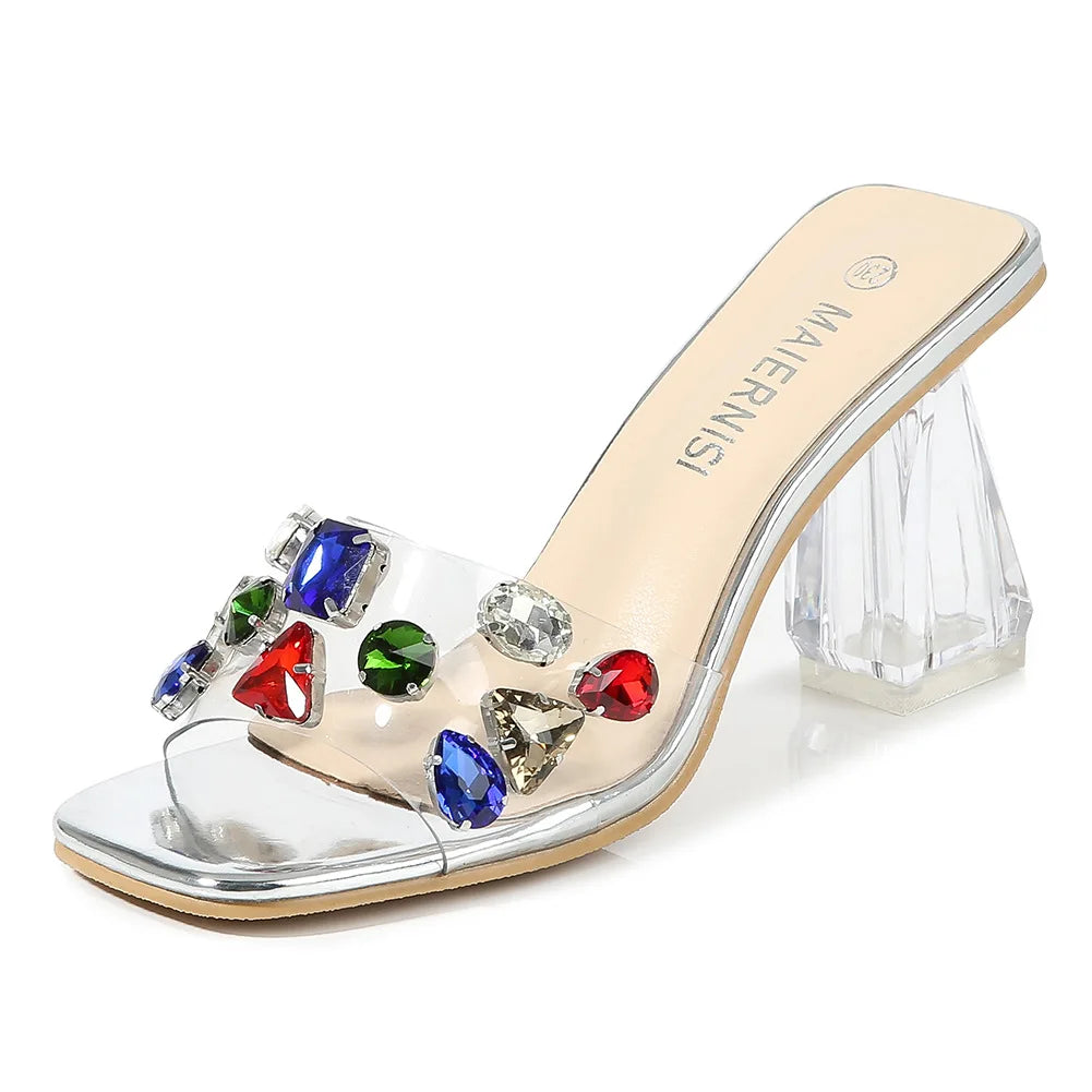 PVC Transparent Clear Crystal Rainbow Rhinestone Embellished Open Toe Low Heel Women's Sandals