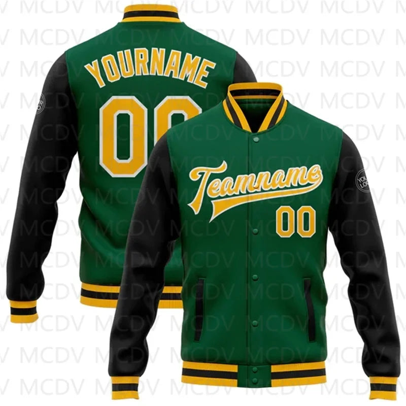 Customized Green Pink-White 3D Name  Letter Print Full-Snap Varsity Letterman Baseball Bomber Jacket