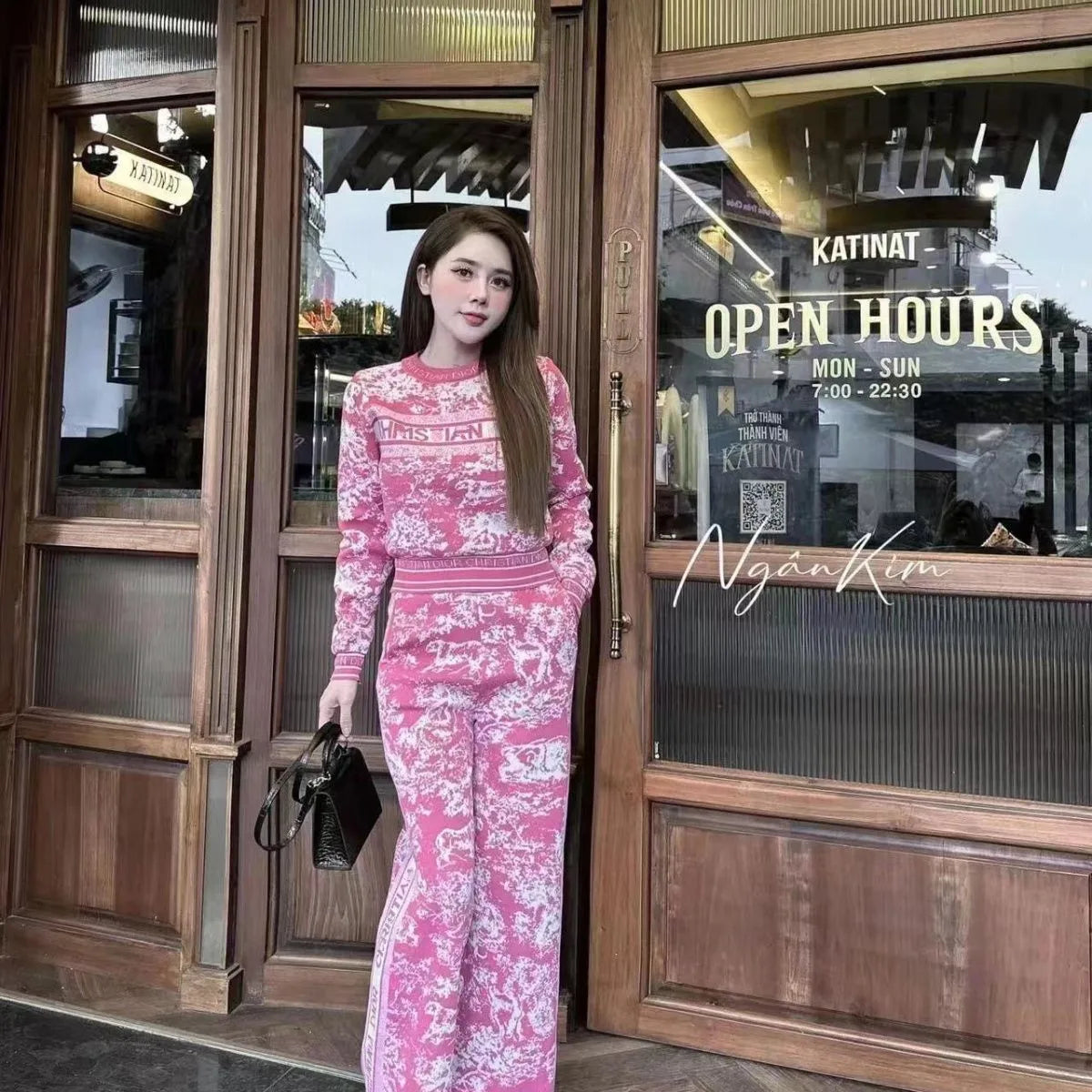 Baroque Floral Pullover O-Neck Knitted Long Sleeve Top + Wide Leg Pants  2-Piece Set