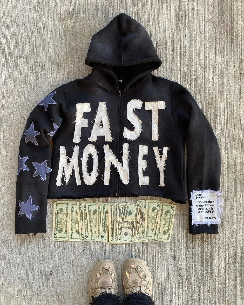 Embroidered #FAST MONEY" Men's Retro Casual Loose Oversized Hip Hop Zipper Hoodie Sweatshirt