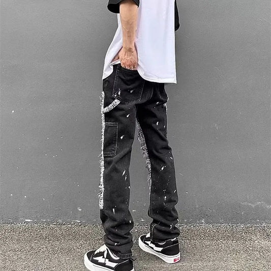 Men's Colorblock Streetwear Black Ripped Stacked Cargo Hip-Hop Jeans