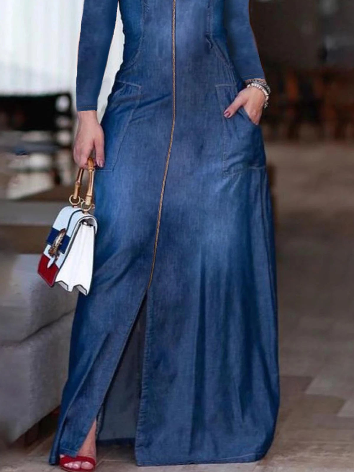 Vintage Denim A-Line Long Sleeve Zipper Pocket Maxi Jean Dress