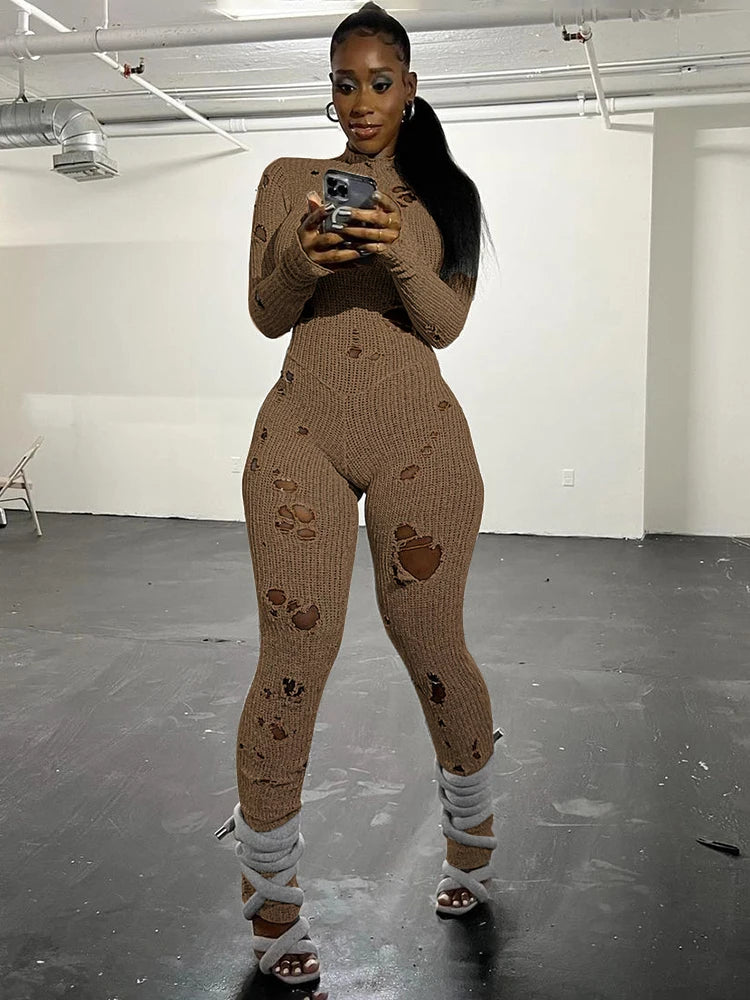 Knitted Skinny Streetwear Ripped Hole Pattern Women's Elastic Long Sleeve Jumpsuit