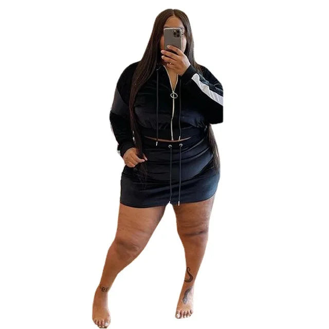 Velvet Side Striped Women's Zipper Hoodie Sweatjacket + Solid Mini Skirt 2-Piece Set to 5X Plus Size