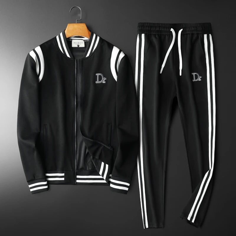 Men's Side Striped Embroidered Stand Collar Sports Bomber Jacket + Drawstring Sweatpants Skinny Tracksuit
