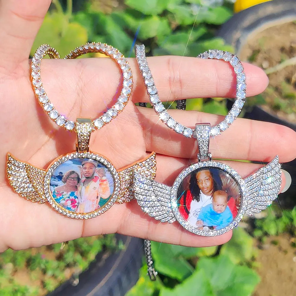 Customized Angel Wing Round Memory  Personalized Picture Pendant Tennis Chain Necklace