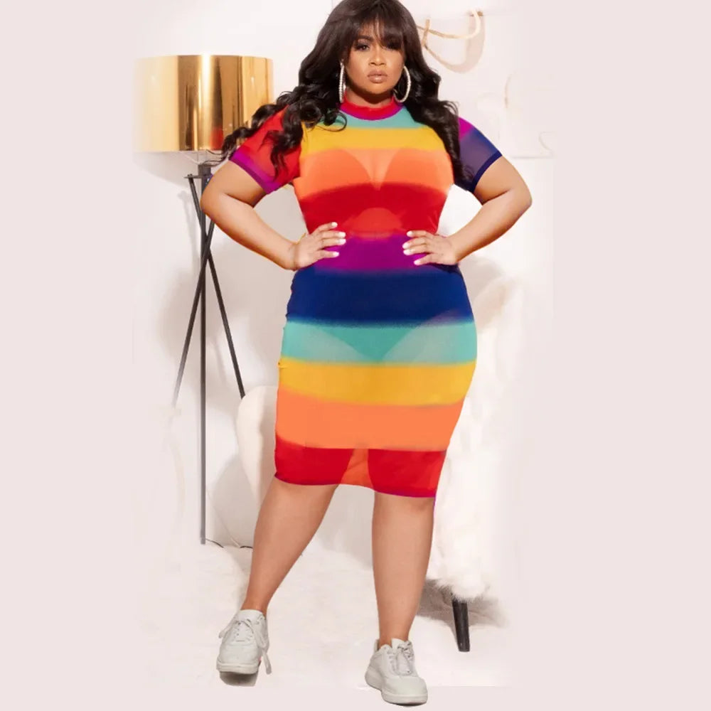 Rainbow Print Sheer Short Sleeve O-Neck Midi Dress to 4X Plus Size