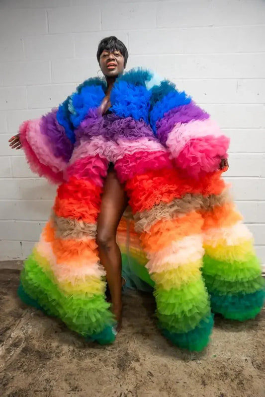 Ruffled Oversized Rainbow Striped Colorblock Hip-Hop Women's Trenchcoat to 3X Plus Size