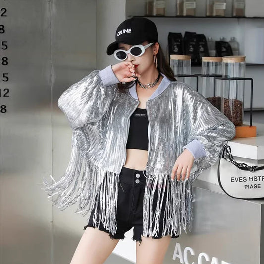 Sparkling Sequin Long Sleeve Fringe Tassel Patchwork O-Neck Streetwear Hip-Hop  Women's Bomber Jacket