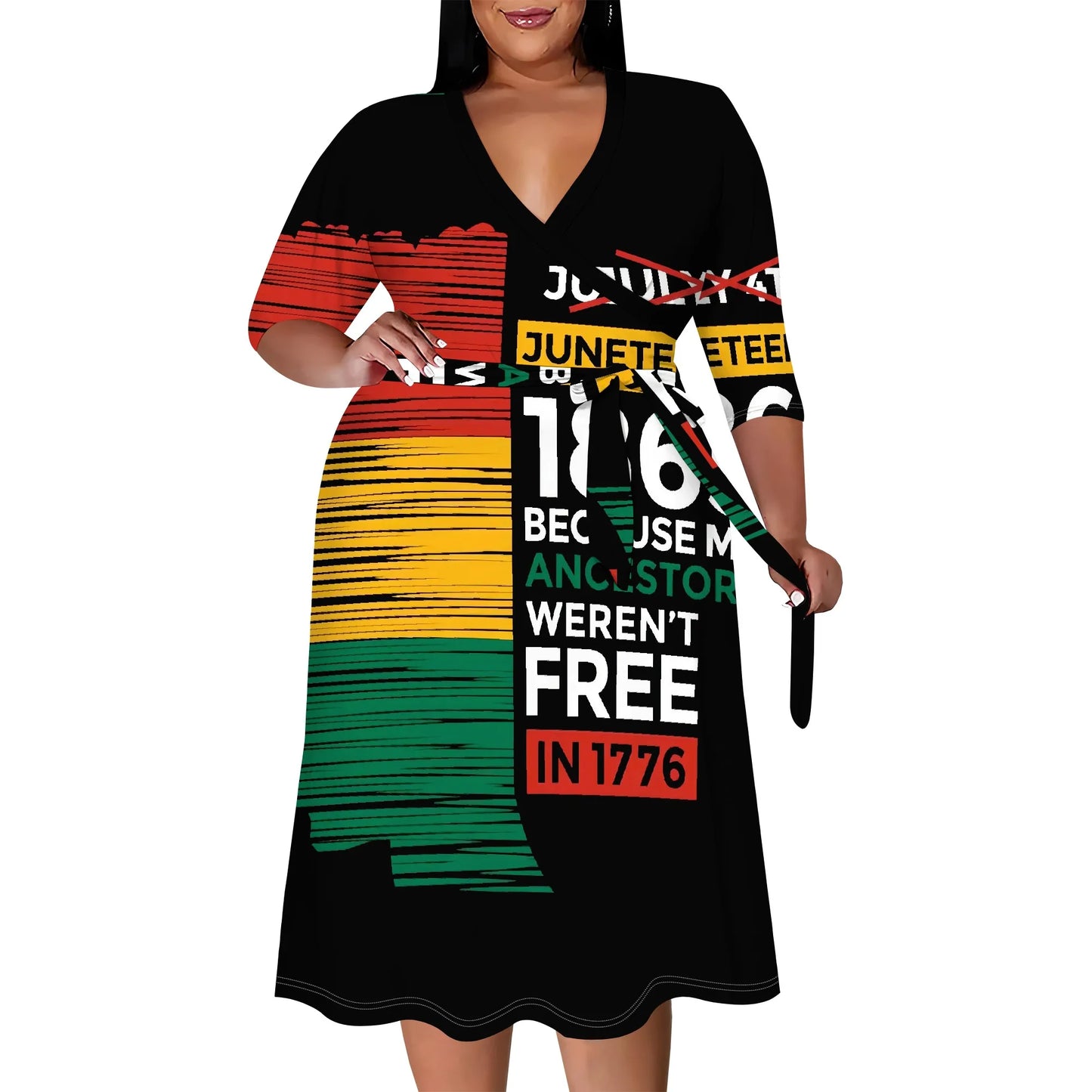 Juneteenth Flag V-Neck Long Sleeve Maxi Dress to 6X Plus Size