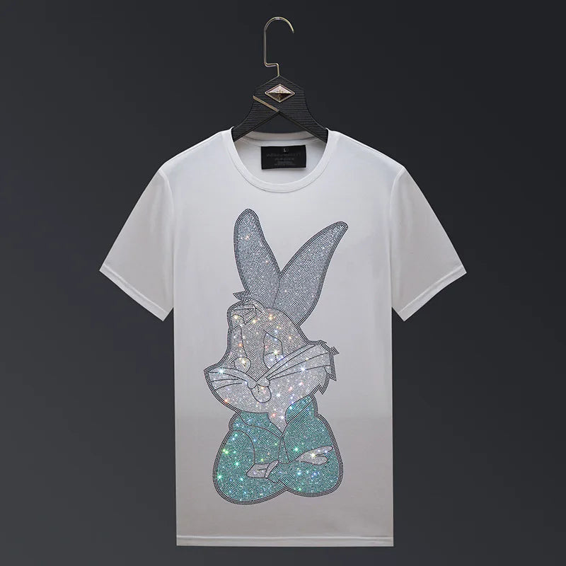 Men's Streetwear Rhinestone Bunny Rabbit Short Sleeve O-Neck Skinny T-Shirt