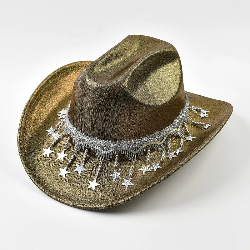 Sequin Rhinestone Metallic Tassel Fringe Women's Cowgirl Fedora Hat