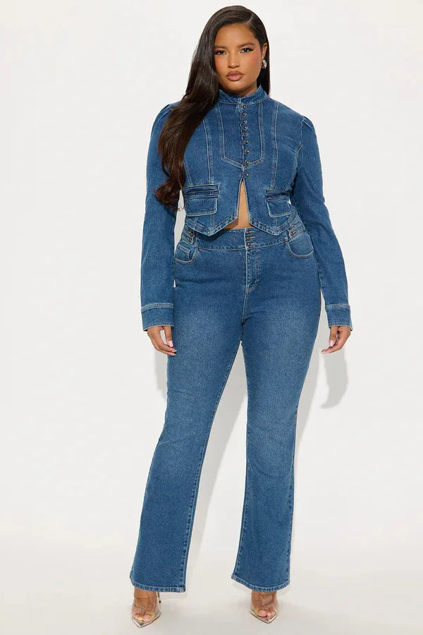 Denim Blue Mandarin Collar Women's Crop Jean Jacket + Jeans Matching 2-Piece Set