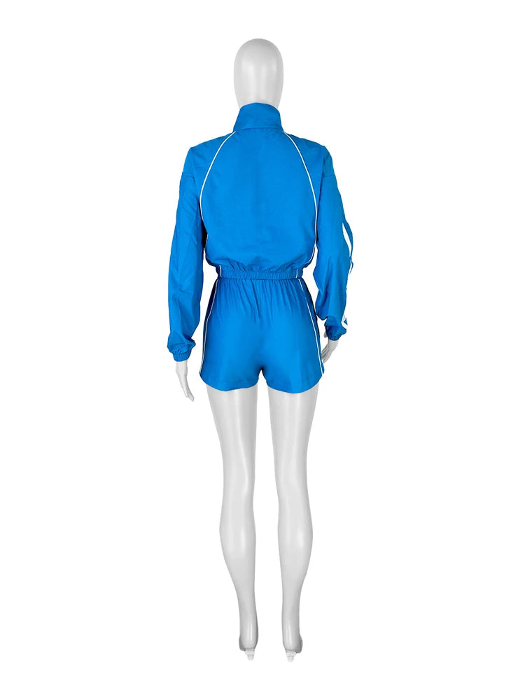Side Striped Women's Long Sleeve Fitness Zipper Jacket + Mini Gym Shorts 2-Piece Tracksuit