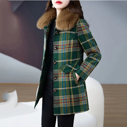 Plaid Wool Women's Temperament Fur Detachable Turn-Down Collar Button-Up Pea Coat to 5X Plus Size