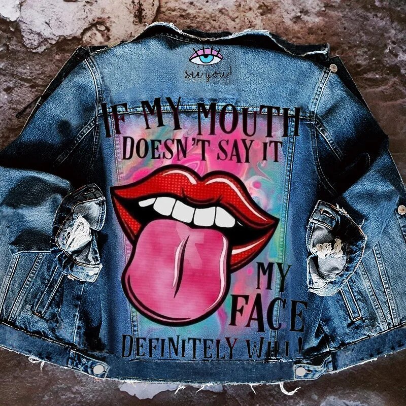 3D Paint Print Ladies Pattern Lapel Denim Jean Jackets