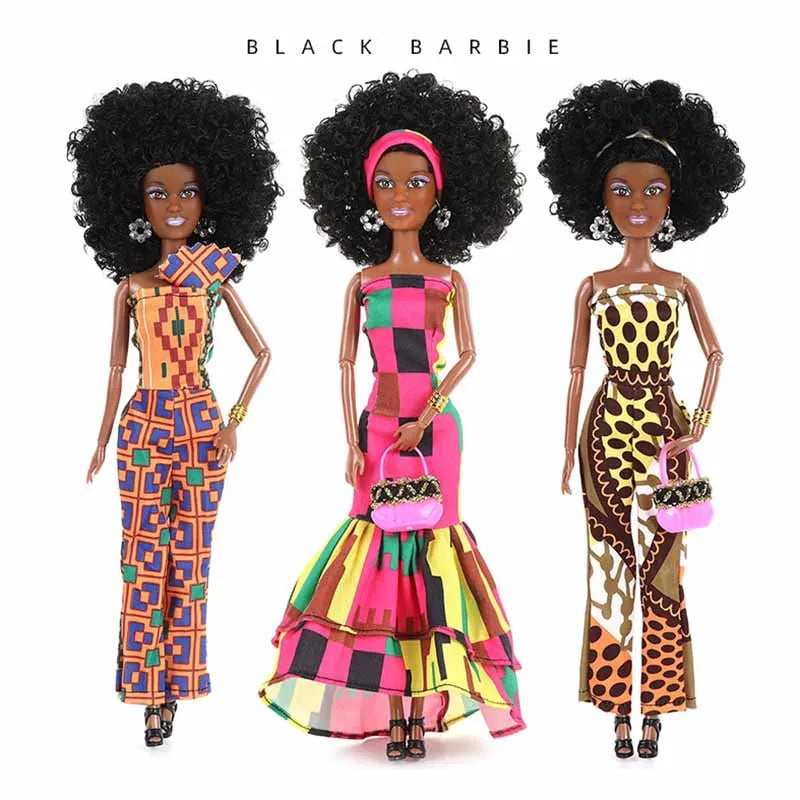 Exquisite African Black Simulation Ethnic Dashiki Dress Doll