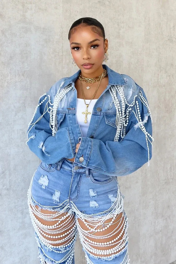 Denim Pearl Tassel Chain Embroidered Long Sleeve Women’s Turn-Down Collar Western Rodeo Jean Jacket OR Jeans-SOLD AS SEPERATES