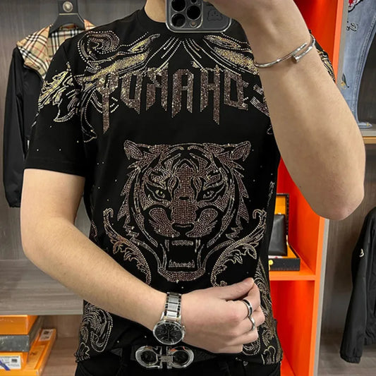 Men's Gold Gillter Rhinestone Hot Drill Tiger Pattern Short Sleeve T-Shirt