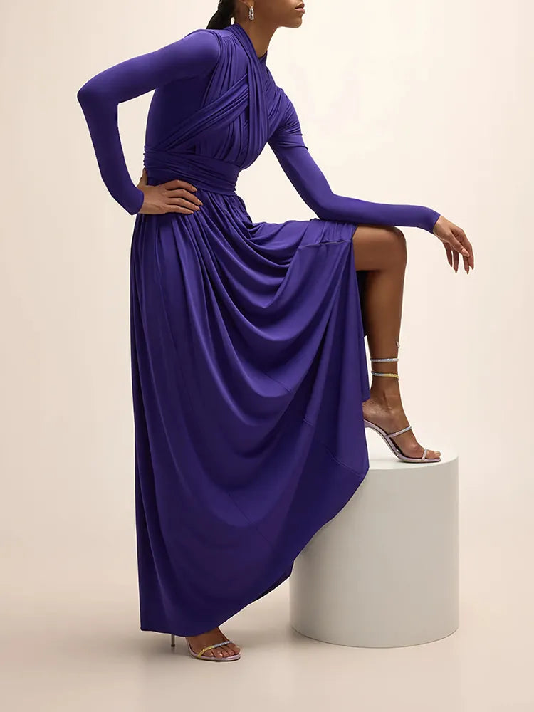 Crisscross Patchwork V-Neck Long Sleeve Folded Formal Party Dress