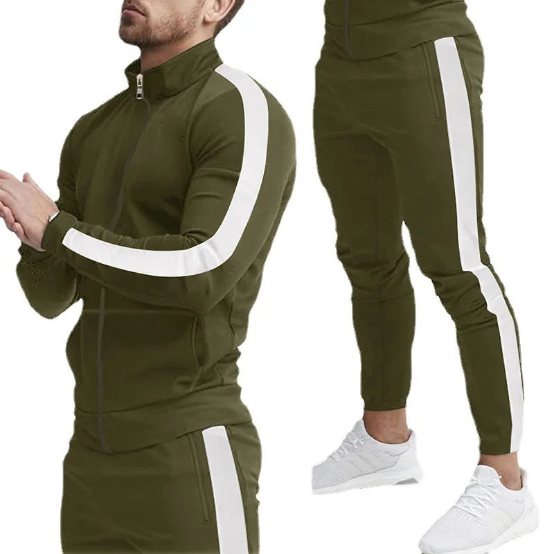 Men's Striped Mandarin Collar Fitness Zipper Jacket + Skinny Side Striped Jogger Sweatpants Tracksuit