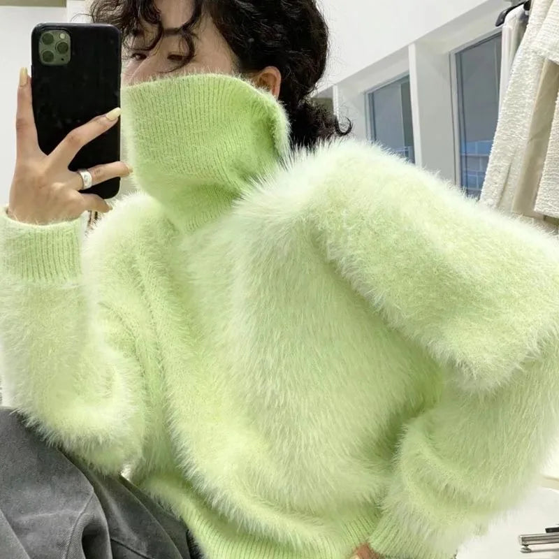 Furry Pullover Women's Turtleneck Fluffy Solid Loose Long Sleeve Sweater