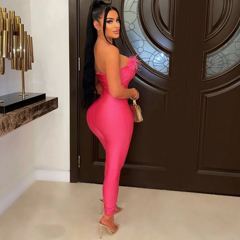 Feather Trim Solid Color Sleeveless Bodycon Bandage Tube Skinny  Women's Jumpsuit