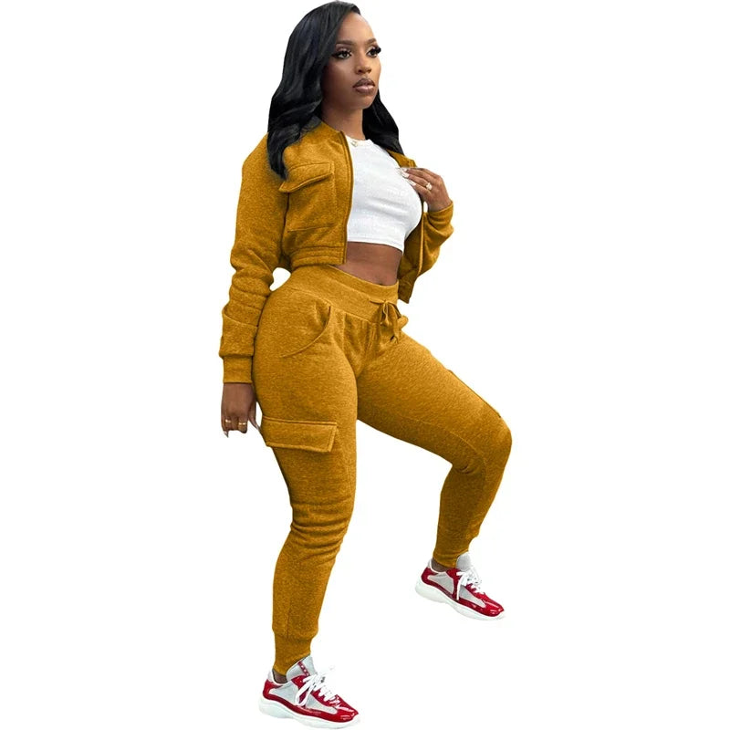 Streetwear Women's Solid Cropped Zipper Jacket + Drawstring Cargo Sweatpants Tracksuit