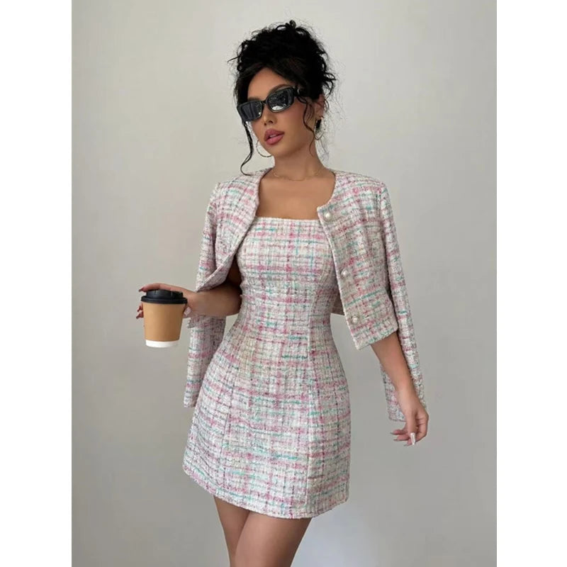 Tweed Plaid Sleeveless Corset Mini Dress w/  O-Neck Blazer Women's Matching 2-Piece Suit