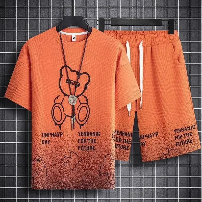 Men's Teddy Bear Print Waffle 3D Graphic Short Sleeve O-Neck T-Shirt + Drawstring Striped Hem Shorts 2-Piece Set