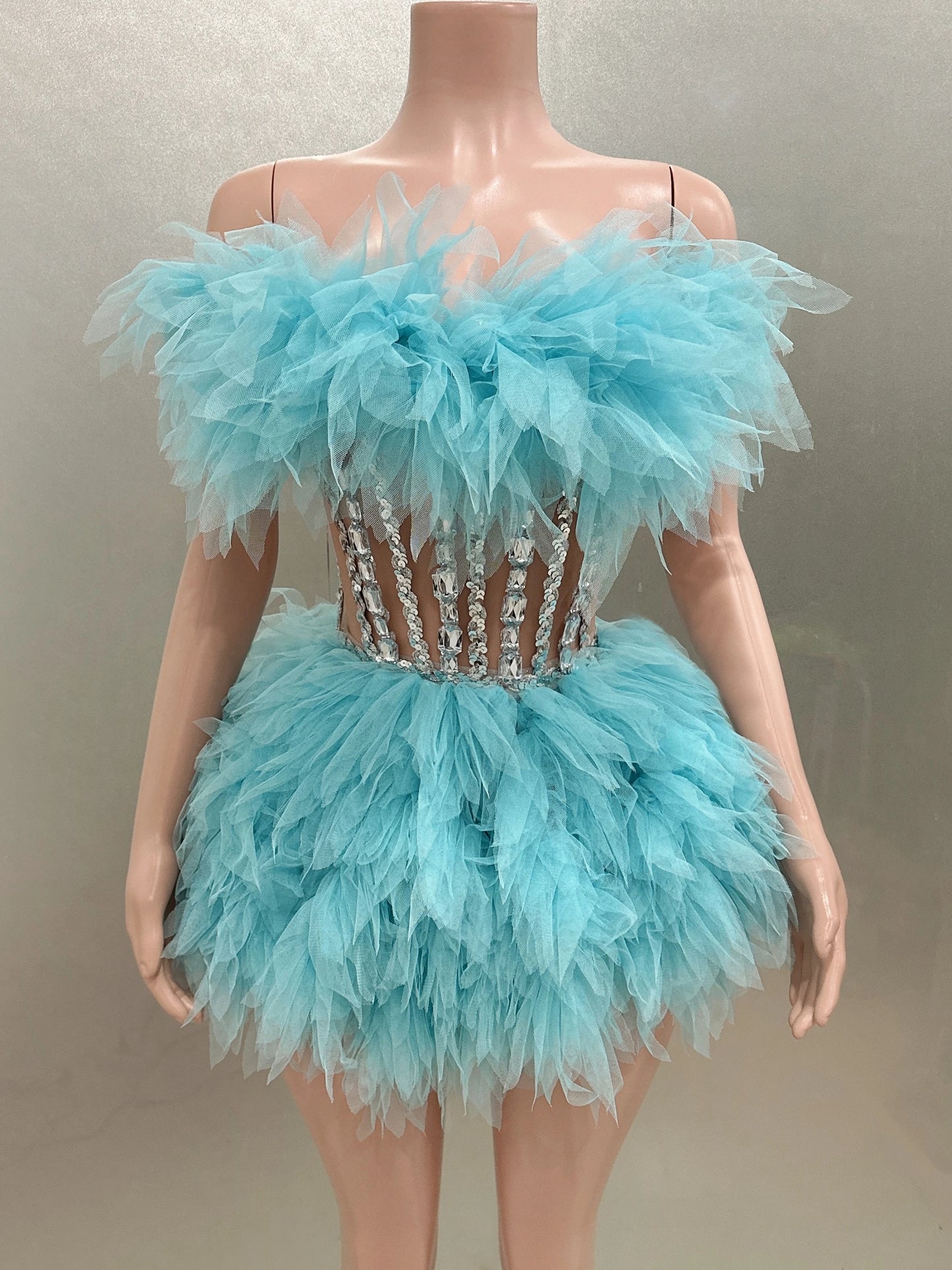 Feather Faux Fur Ruffled Strapless Silver Metallic Corset Mesh Mini Formal Ball Gown/Party/Prom Dress