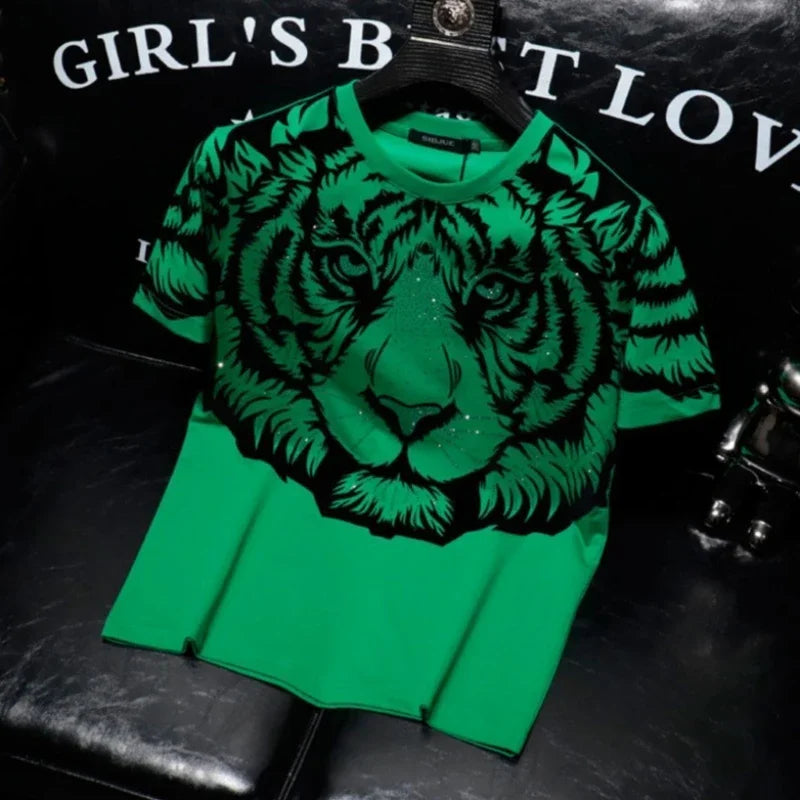 Rhinestone Green/Black Tiger Print Men's O-Neck Short Sleeve T-Shirt to 7X Big & Tall