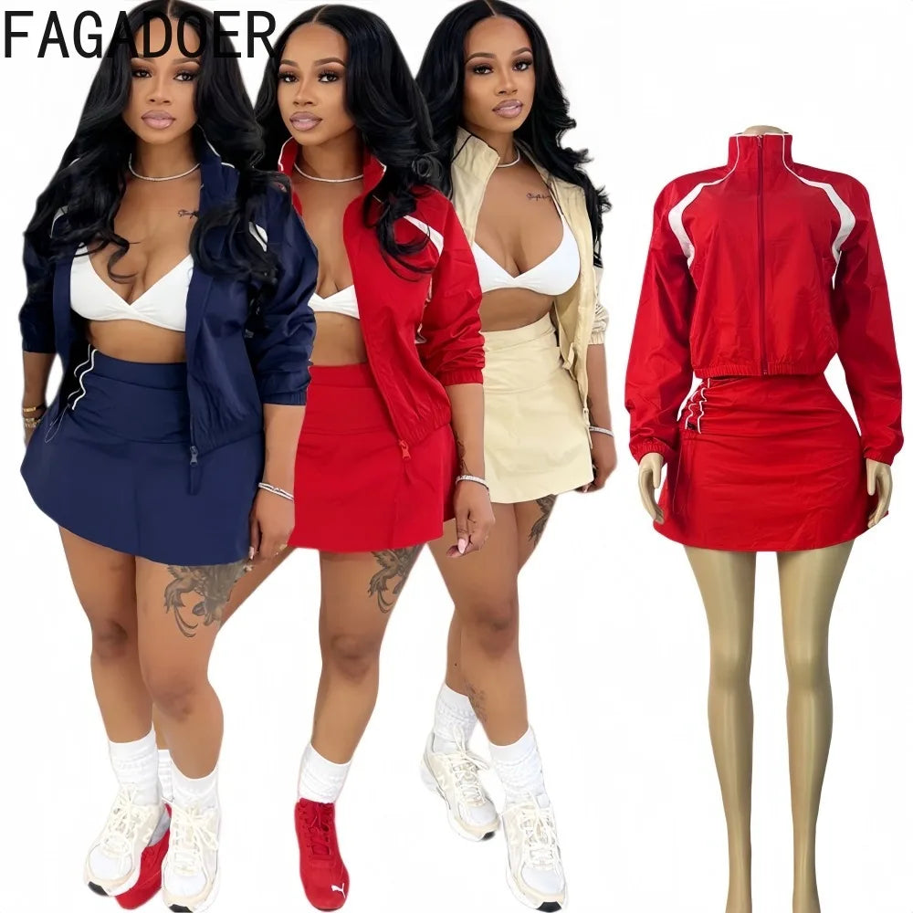 Striped Stand Collar Women's Zipper Fitness Jacket+ Drawstring Ruched Mini Tennis Skirt Solid Color 2-Piece Set
