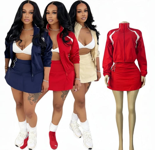 Striped Stand Collar Women's Zipper Fitness Jacket+ Drawstring Ruched Mini Tennis Skirt Solid Color 2-Piece Set